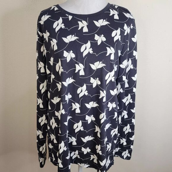 NWOT Lands End Large Gray Navy Relaxed Supima Cotton Floral Long Sleeve Crew Tee - Picture 1 of 11